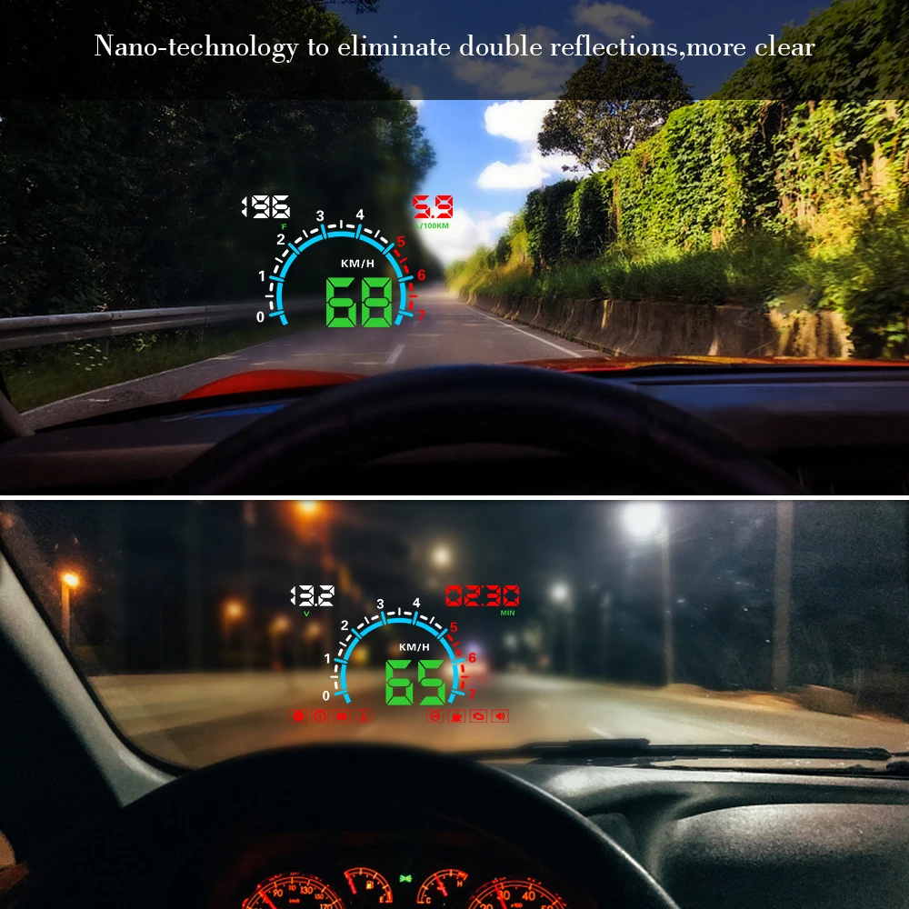 Автомобильный HUD 5,8-дюймовый проекционный дисплей OBD2 Цифровой проектор для лобового стекла Сигнализация превышения скорости Температура воды Обороты в минуту Напряжение Подключи и играй 1