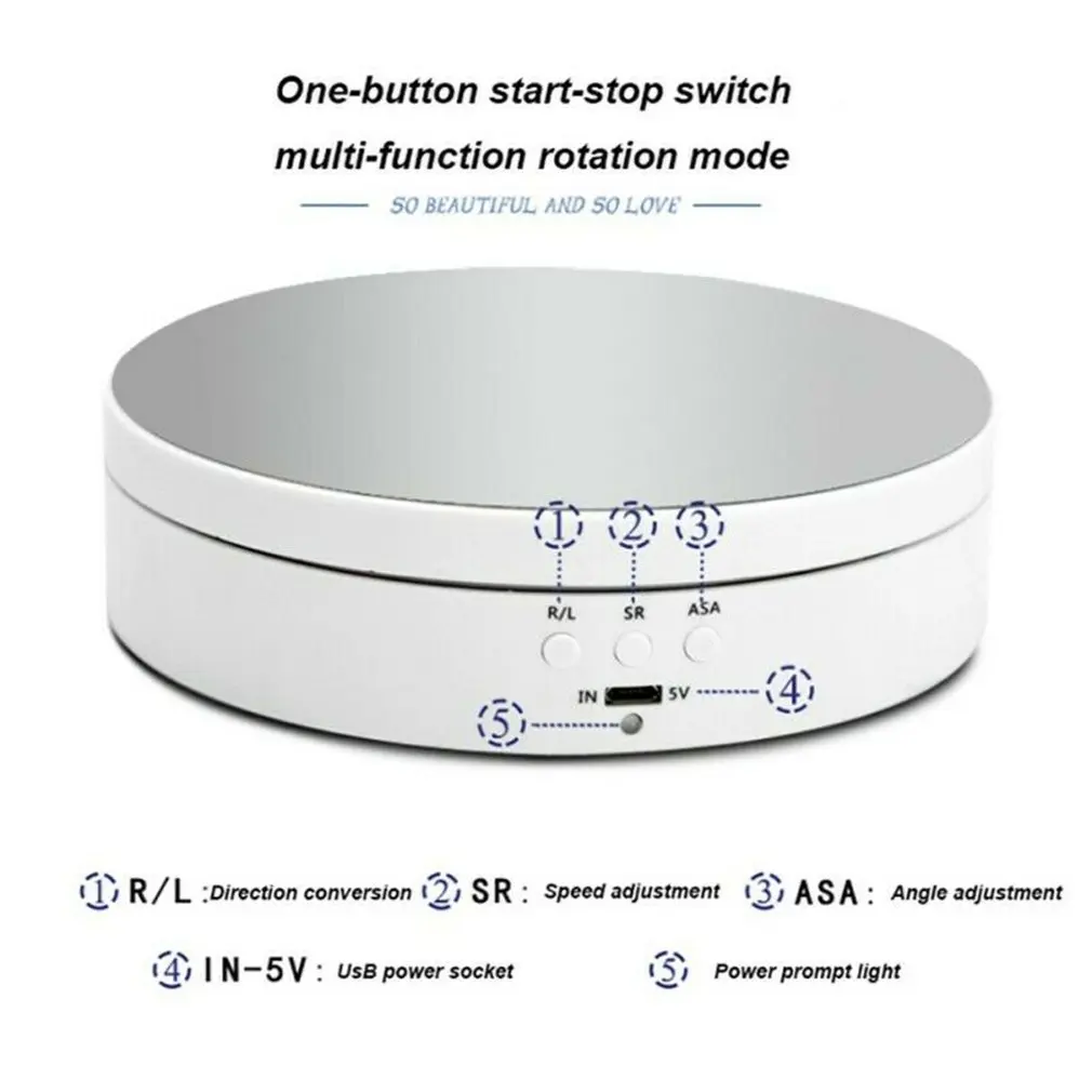 3 скорости Электрический вращающийся дисплей Подставка Зеркало Поворотный стол Держатель для ювелирных изделий Платформа Батарея USB Питание Регулировка угла на 360 ° 5