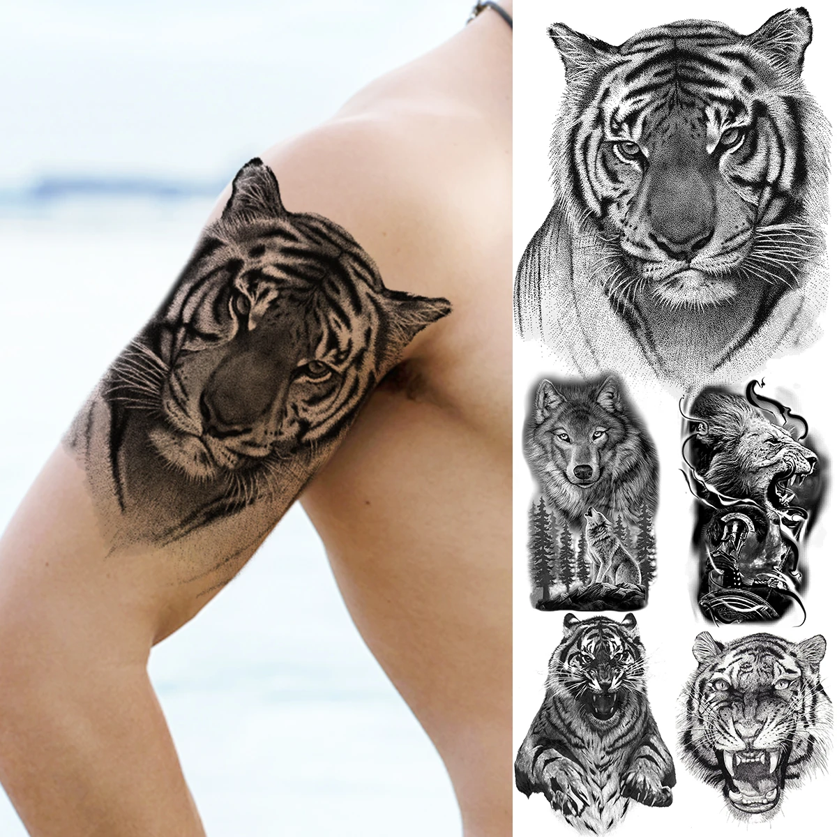 Реалистичная рука черного тигра Временные татуировки для мужчин взрослый волк лесной лев поддельная татуировка наклейка боди-арт украшение тату бумага 0