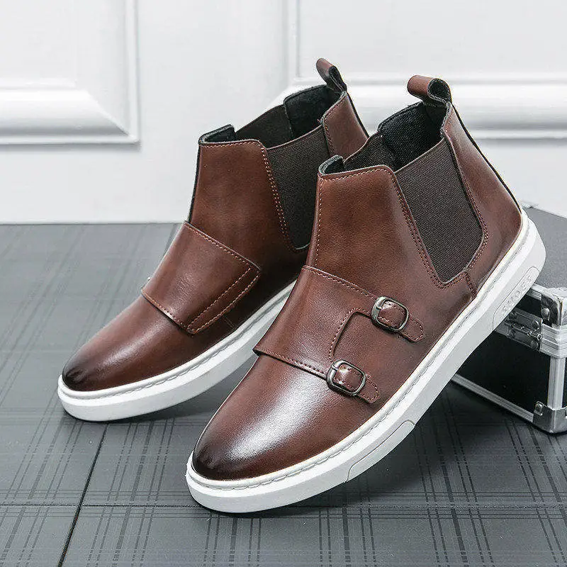 Британский стиль Коричневые мужские ботильоны Высокое качество Мужская дизайнерская обувь Осенний комфорт Слипоны Мужские кожаные сапоги Botas Para Hombre 0