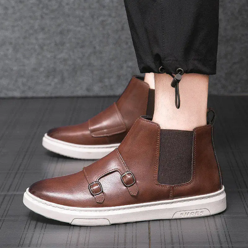 Британский стиль Коричневые мужские ботильоны Высокое качество Мужская дизайнерская обувь Осенний комфорт Слипоны Мужские кожаные сапоги Botas Para Hombre 1