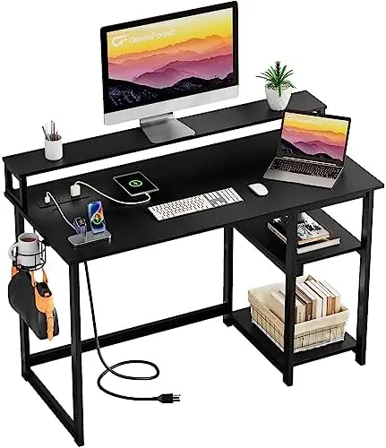 Письменный стол с USB-портом для зарядки и розеткой, двусторонний стол для домашнего офиса с подставкой для монитора и полками для хранения для небольшого пространства