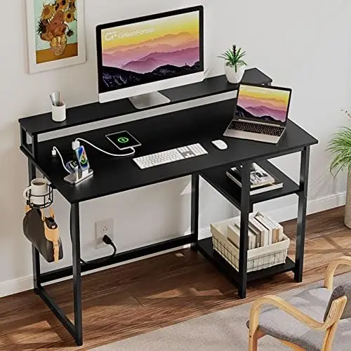 Письменный стол с USB-портом для зарядки и розеткой, двусторонний стол для домашнего офиса с подставкой для монитора и полками для хранения для небольшого пространства 1