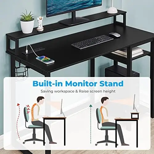 Письменный стол с USB-портом для зарядки и розеткой, двусторонний стол для домашнего офиса с подставкой для монитора и полками для хранения для небольшого пространства 4