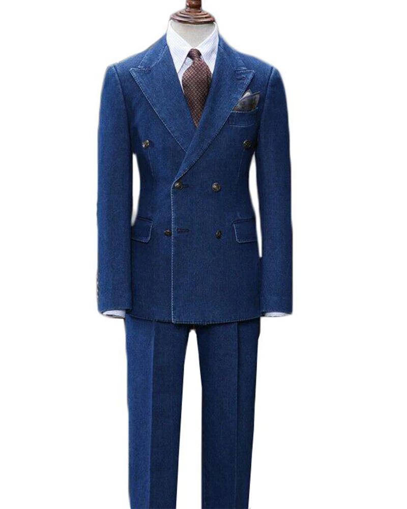 2Pc Demin Oxford Мужской костюм Синий красивый двубортный костюм на заказ повседневный современный пиджак брюки с остроконечными лацканами пиджак брюки