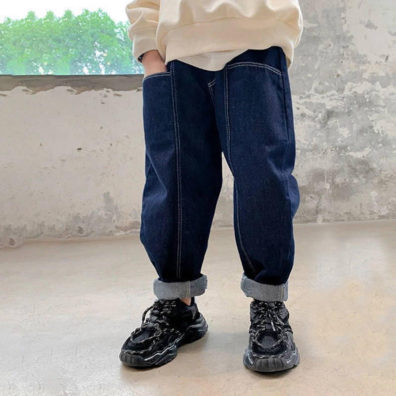 Джинсы для мальчиков Брюки Весна Осень 2023 Карго Синие брюки Подростковые свободные однотонные брюки-карго от 3 до 16 лет Модная одежда для детей 3