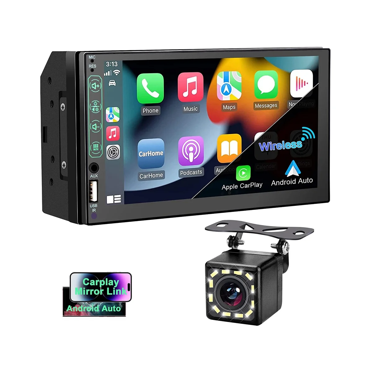7-дюймовый автомобильный стереофонический HD-сенсорный экран с двойным дином, Carplay Android Auto, 12-светодиодная камера заднего вида, зеркальная связь, USB / AUX, FM авторадио 1