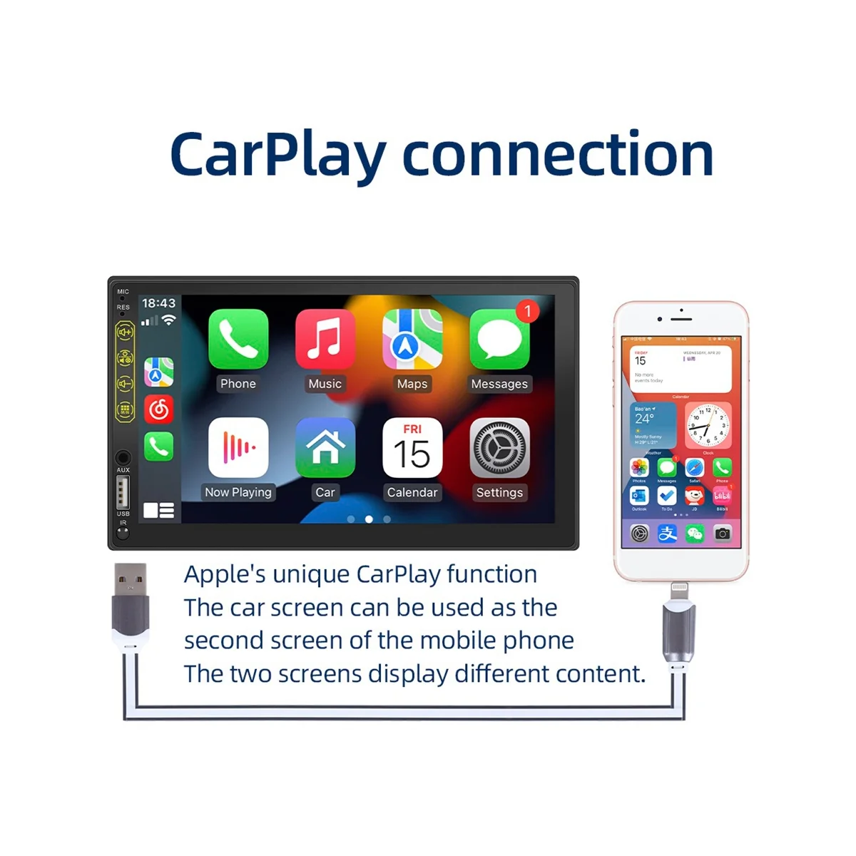 7-дюймовый автомобильный стереофонический HD-сенсорный экран с двойным дином, Carplay Android Auto, 12-светодиодная камера заднего вида, зеркальная связь, USB / AUX, FM авторадио 2