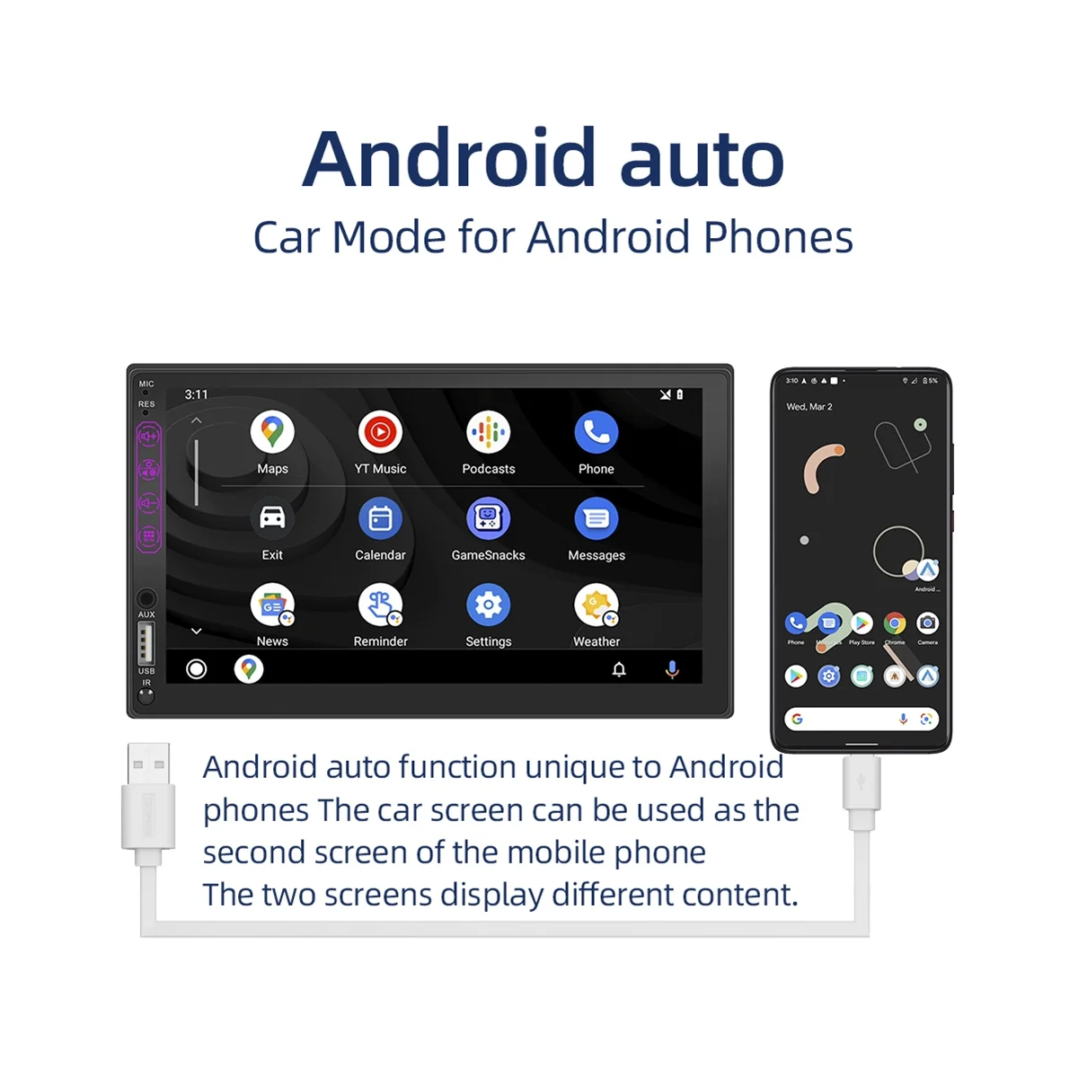 7-дюймовый автомобильный стереофонический HD-сенсорный экран с двойным дином, Carplay Android Auto, 12-светодиодная камера заднего вида, зеркальная связь, USB / AUX, FM авторадио 3