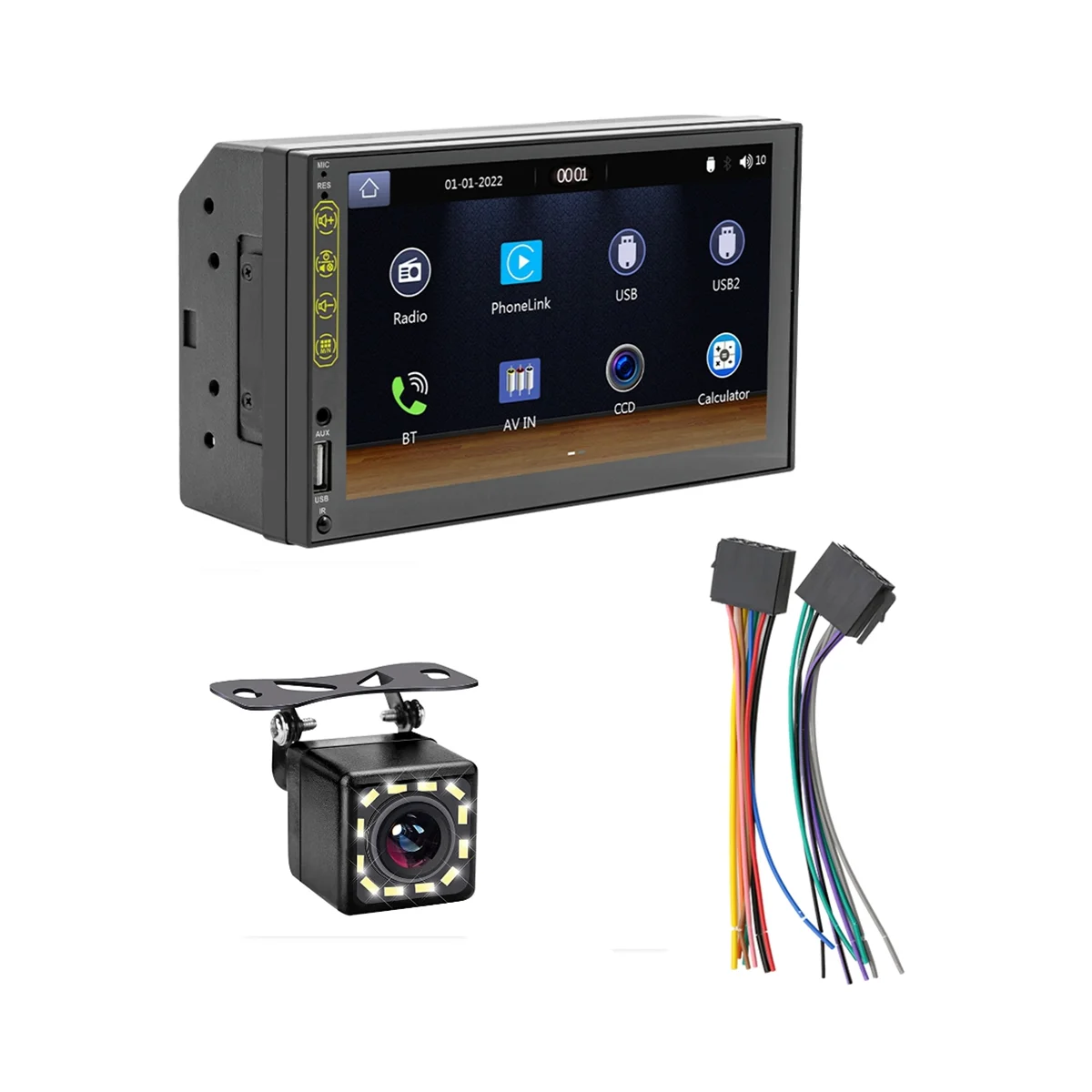7-дюймовый автомобильный стереофонический HD-сенсорный экран с двойным дином, Carplay Android Auto, 12-светодиодная камера заднего вида, зеркальная связь, USB / AUX, FM авторадио 5