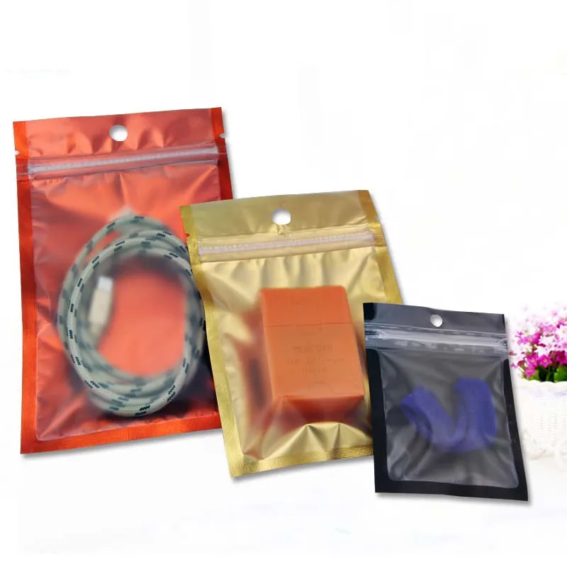 100 шт./лот Застежка-молния Пластиковый матовый прозрачный пакет Сумка для хранения продуктов Ziplock Poly Flat Silver Back Hang Hole Packing Bag 1