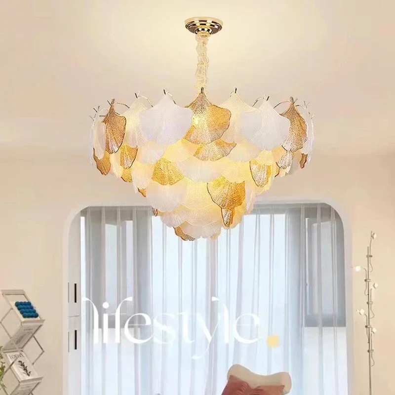 Современный светодиодный осенний гинкго Стеклянный кулон Свет Искусство Создать люстру Украшение дома Светильники для гостиной 3