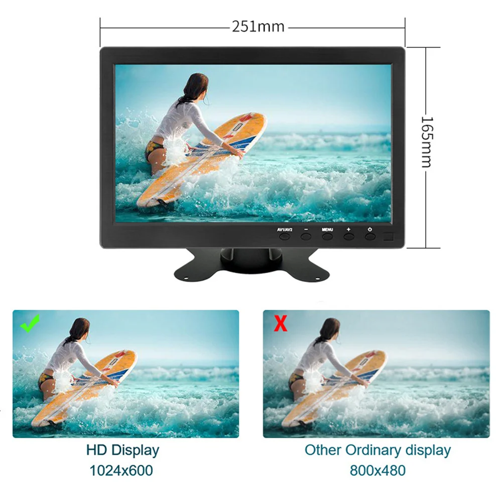 LCD HD Монитор Портативный 10,1-дюймовый мини-телевизор и компьютерный дисплей 2-канальный видеовход Монитор безопасности с динамиком HDMI VGA 1