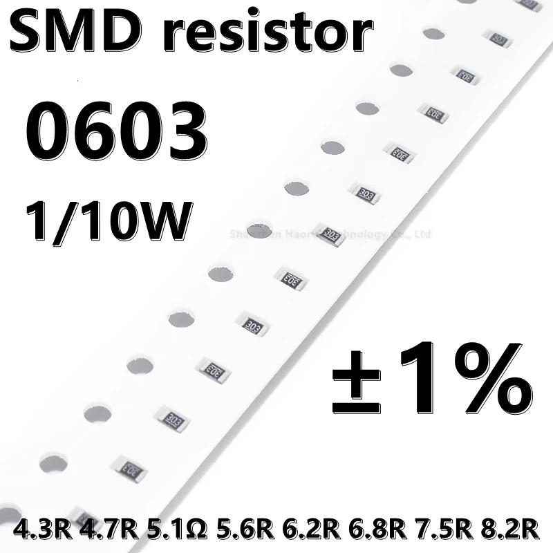  (100 шт.) более высокое качество 0603 SMD резистор 1% 4.3R 4.7R 5.1Ω 5.6R 6.2R 6.8R 7.5R 8.2R 1/10W 0