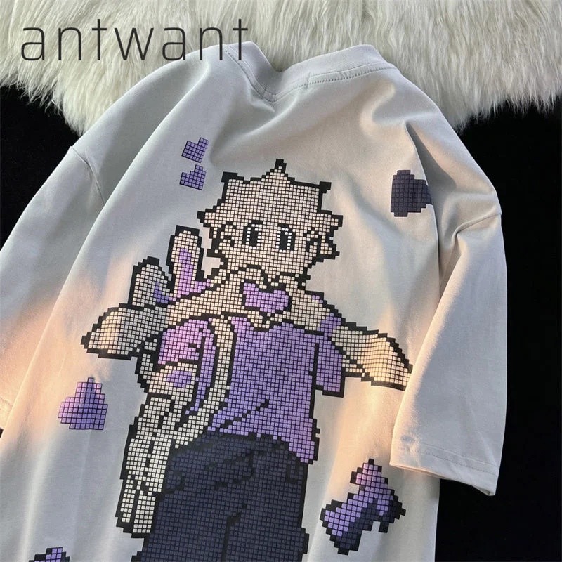 Y2K Pixel Аниме Мальчик Уличная одежда Мультяшные футболки ХИП-ХОП Уличная одежда Оверсайз Топы Чистый хлопок Летняя футболка Смешной подросток Харадзюку 1