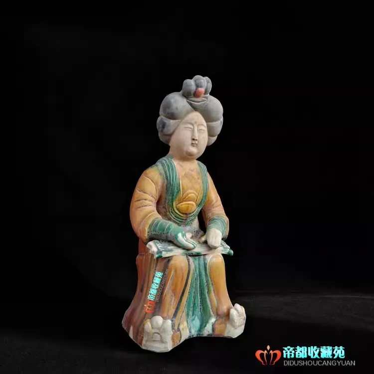 Античный Китайский Династия Тан Трехцветный фарфор красивая дама, которая играет на инструменте статуя / скульптура,#04,Ремесла