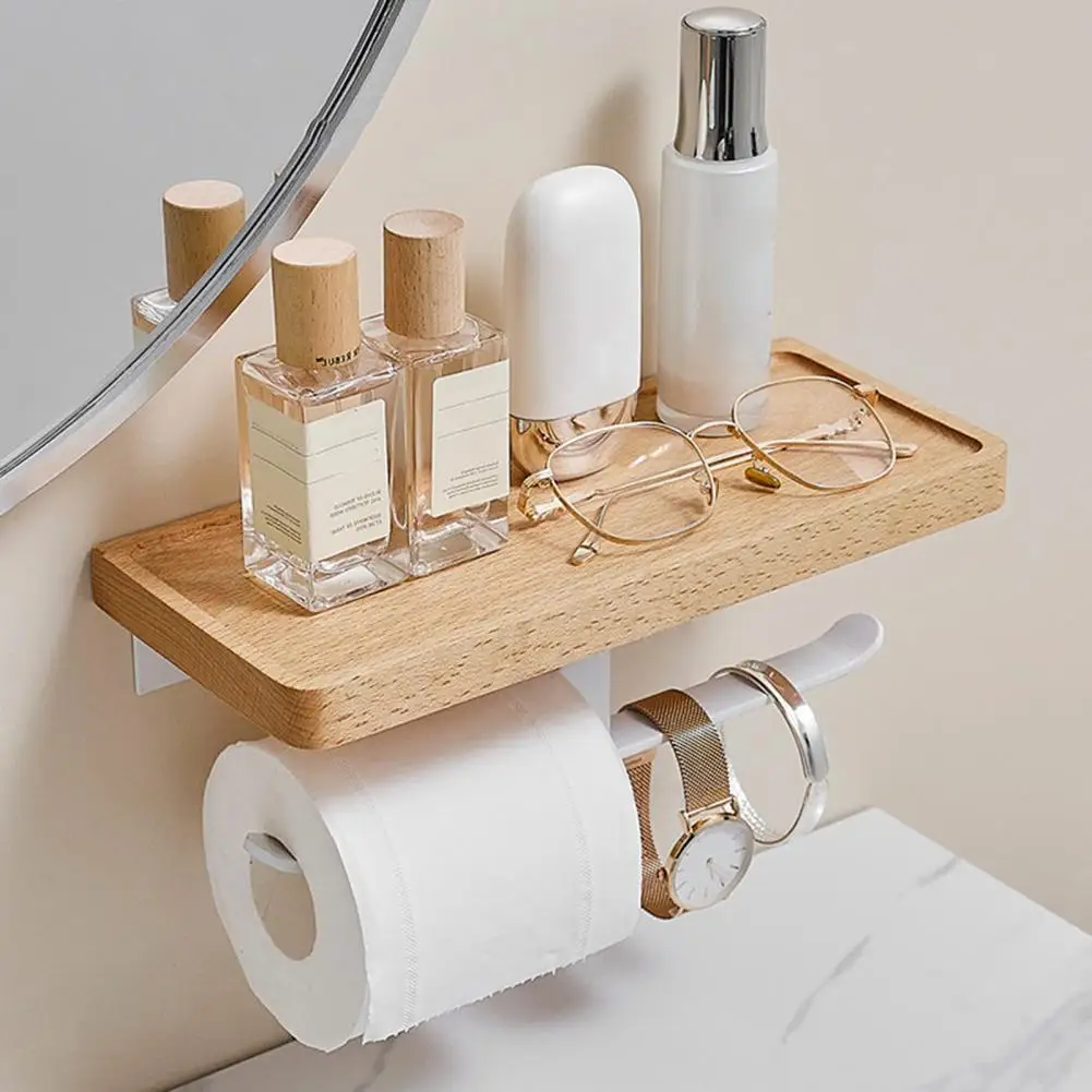  Стеллаж для хранения в ванной комнате Практичная бытовая полка для телефона для туалета с подставкой для рулона бумаги Деревянная стойка для салфеток 2