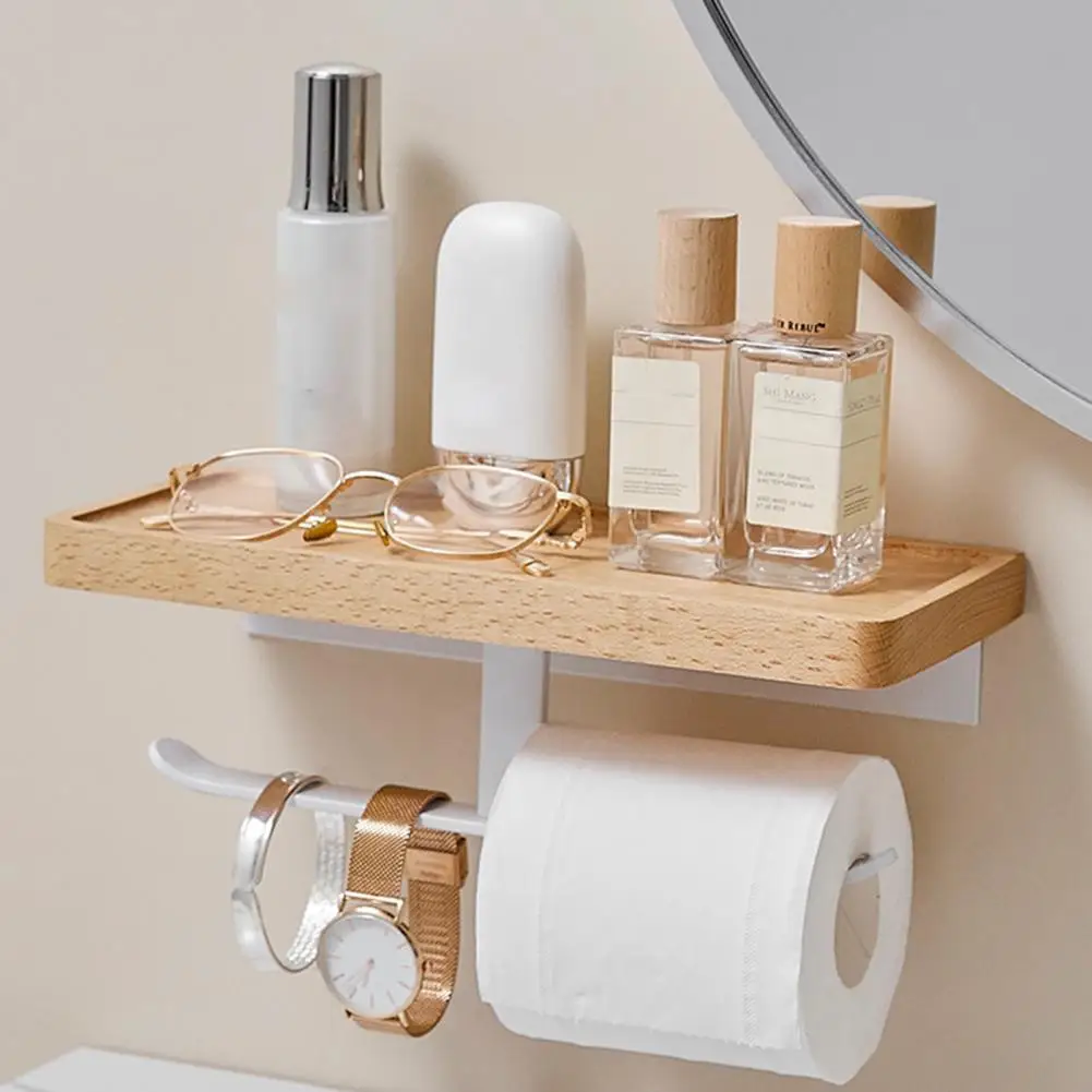  Стеллаж для хранения в ванной комнате Практичная бытовая полка для телефона для туалета с подставкой для рулона бумаги Деревянная стойка для салфеток 4