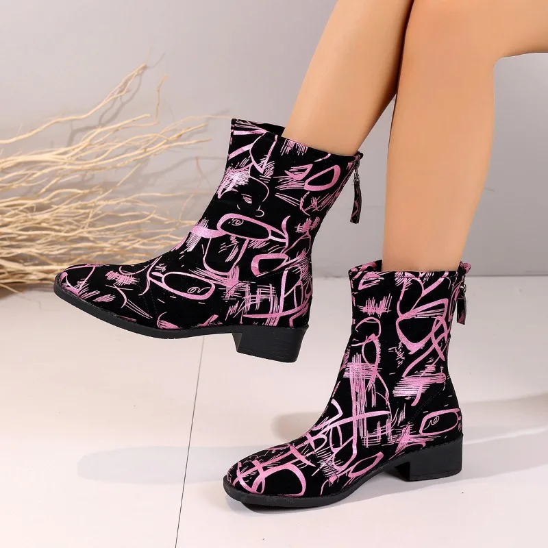Outdoor Casual Women's Boots 2023 Новые женские сапоги Модные женские сапоги с принтом Женские сапоги с коротким стволом Женская обувь большого размера 42 с застежкой-молнией