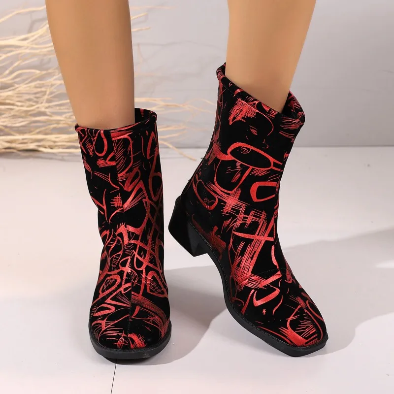 Outdoor Casual Women's Boots 2023 Новые женские сапоги Модные женские сапоги с принтом Женские сапоги с коротким стволом Женская обувь большого размера 42 с застежкой-молнией 3