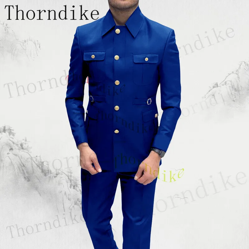 Thorndike Формальные мужчины 2 шт. Смокинги Приталенный деловой костюм Жених Королевский синий смокинг Свадебный костюм (блейзер + брюки) 0