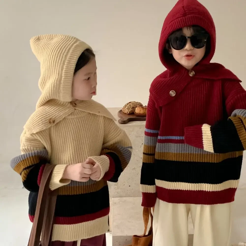 Детский свитер 2023 Зима для мальчиков и девочек в корейском стиле Утолщенная шаль Свитер Лацкан Повседневный Теплый Детский повседневный трикотажный топ с капюшоном 0