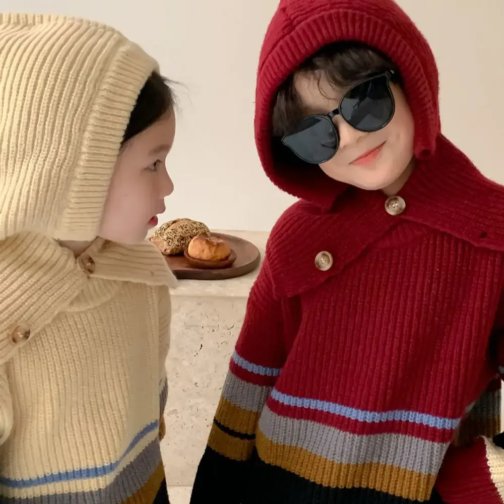 Детский свитер 2023 Зима для мальчиков и девочек в корейском стиле Утолщенная шаль Свитер Лацкан Повседневный Теплый Детский повседневный трикотажный топ с капюшоном 3