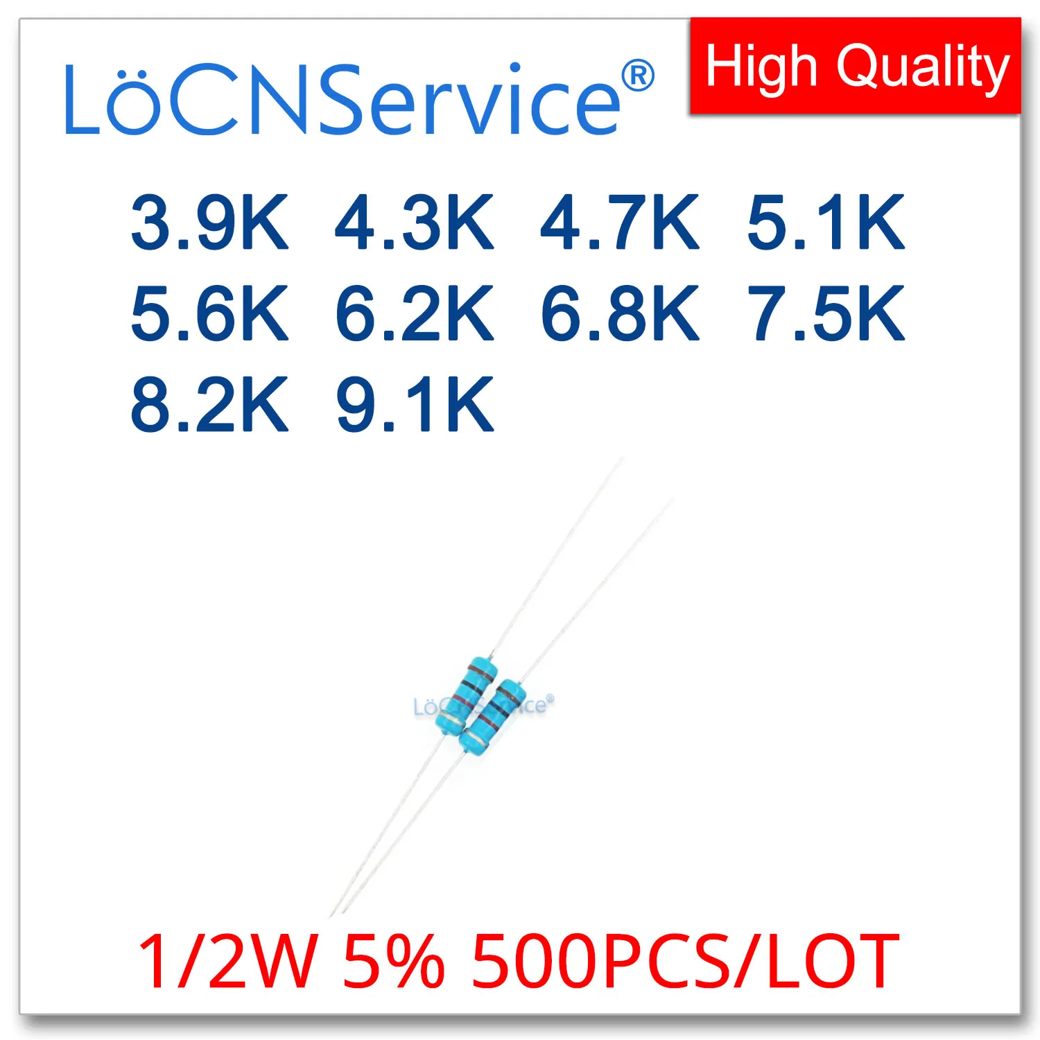 LoCNСервис 500 шт./лот 5% 1/2 Вт 3.9K 4.3K 4.7K 5.1K 5.6K 6.2K 6.8K 7.5K 8.2K 9.1K Резистор из углеродной пленки DIP ОМ
