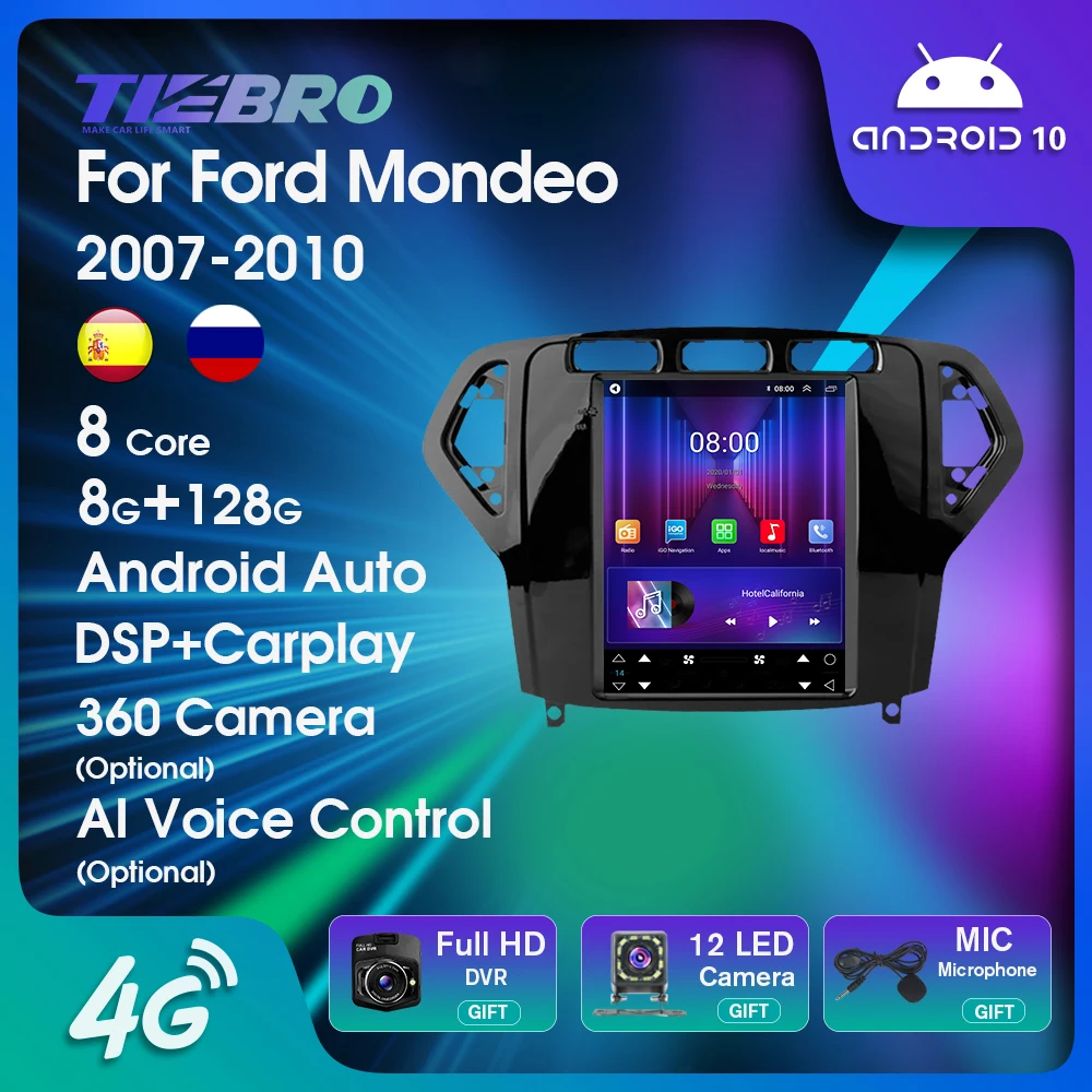 TIEBRO Android 10 Авто Радио Мультимедийный Плеер Для Ford Mondeo 2007-2010 Tesla Style Экран GPS Навигация Carplay Головное устройство 9,7 ''