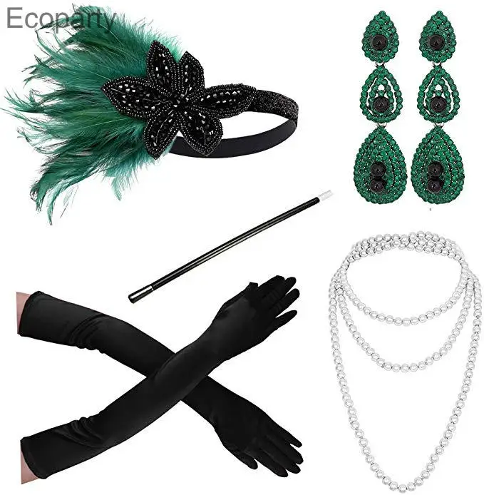 Танцевальная вечеринка 1920-х годов, винтажные пять предметов, тиара, ожерелье, перчатки, жемчужное ожерелье, серьги 0