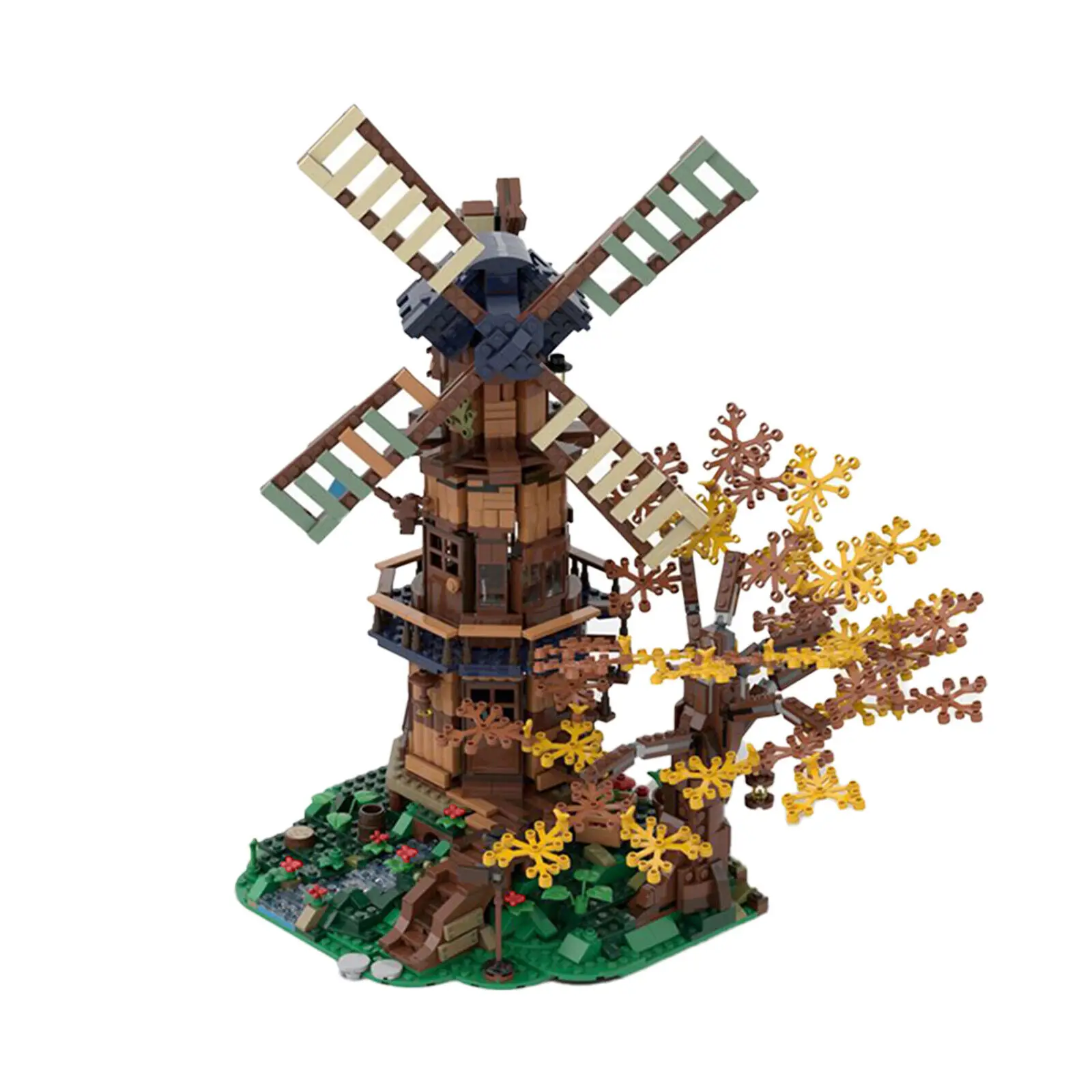 Модульное здание: мельница с небольшой рекой и деревом 1778 штук MOC Build