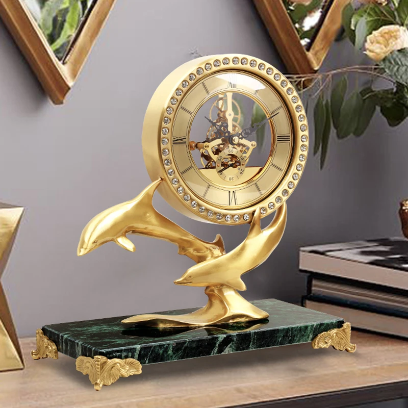 Латунные часы Dolphin с мраморным основанием, стеклянными стразами, прозрачным циферблатом, современными настольными часами для гостиной Декоративные украшения 2