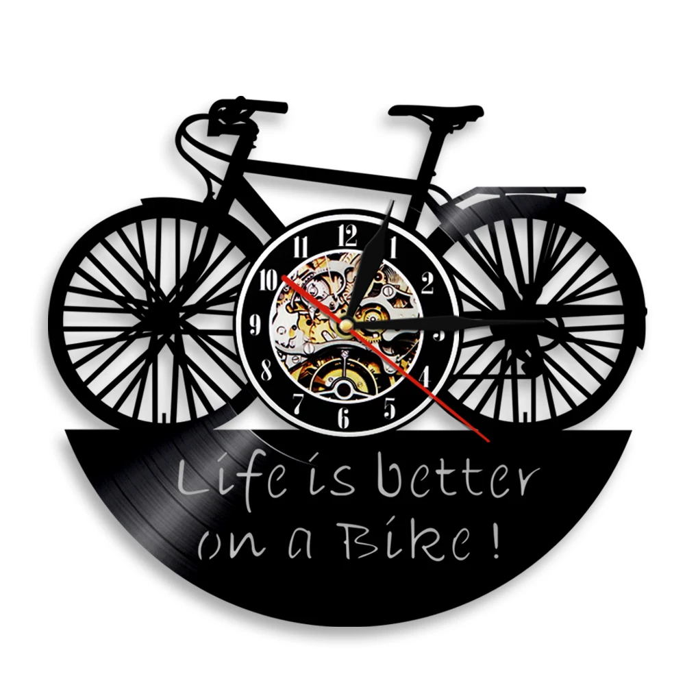 Жизнь лучше на велосипеде Виниловая пластинка Настенные часы Современные настенные часы Better Life Девиз мотоциклиста Байкеры Велосипедист 0