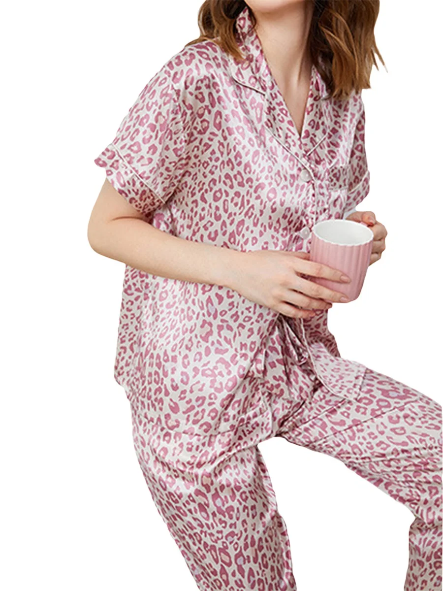 YILEEGOO Пижама для женщин Шелковый атлас на пуговицах с длинным рукавом Pjs для женщин Комплекты Классический женский комплект одежды для сна Домашняя одежда 2