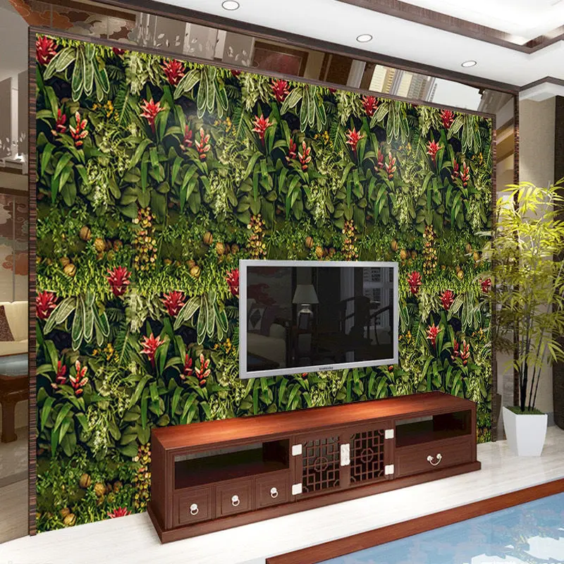 Тропические растения Юго-Восточная Азия Обои Самоклеящиеся лес Телевизор Диван Фон Зеленые листья Красные цветочные обои Декор спальни 3