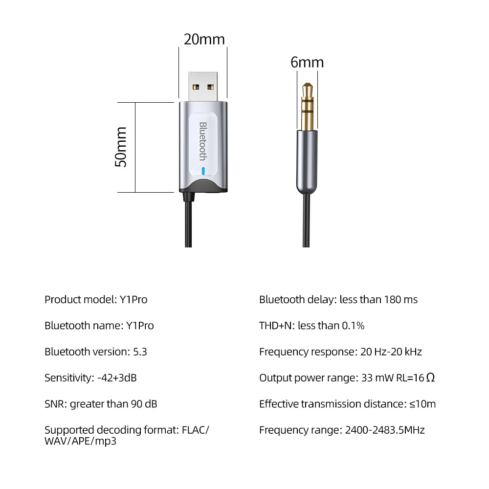 Автомобильный адаптер Bluetooth 5.3 Стерео Беспроводной USB-ключ на 3,5 мм Разъем AUX Аудио Музыкальный адаптер Микрофон Громкая связь Вызов и слот для TF-карты 5