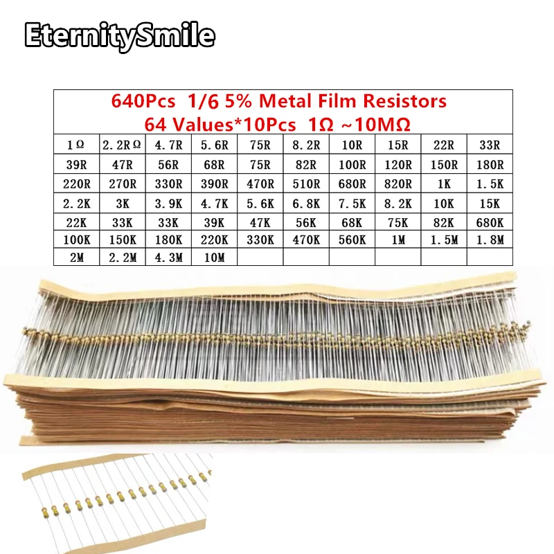 640 шт./коробка 64 значения 1/6 Вт 5% металлические пленочные резисторы Набор 1Ом-680ИЛИ-1к-680К-10М Ассортимент высокоточных резистивных резистивных устройств 2