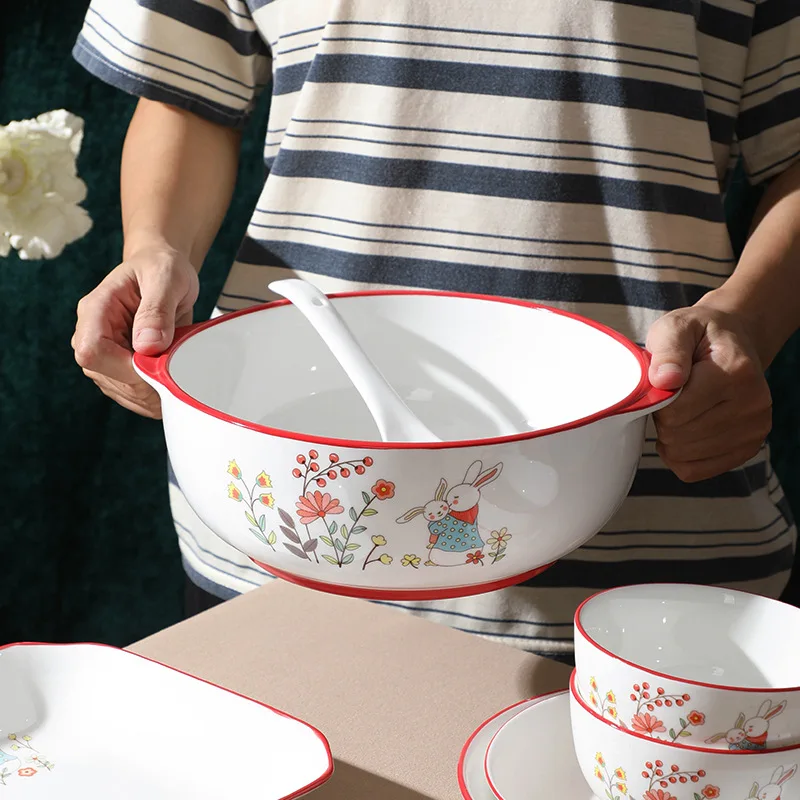  Набор керамической посуды ручной работы Набор мисок и тарелок Симпатичный набор посуды с кроликом для домашнего использования Кухонные аксессуары 4