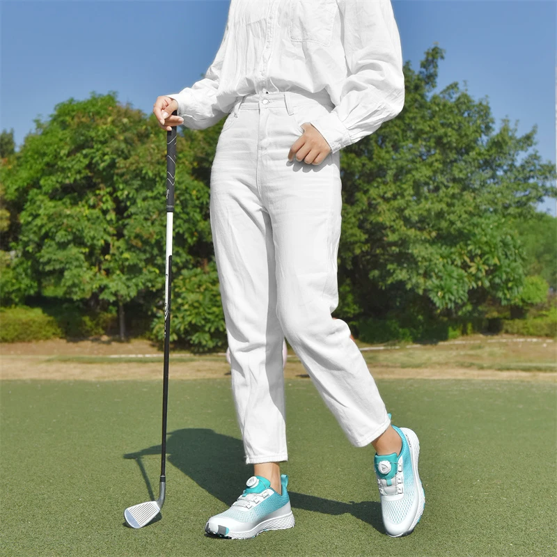 Детская и женская новая обувь для гольфа Спортивная дышащая обувь Flyknit Легкая серо-синяя обувь для гольфа Противоскользящая обувь 5