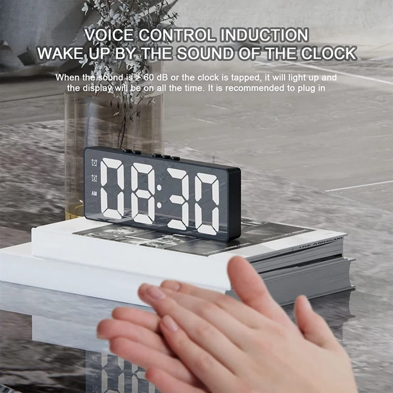  светодиодный цифровой будильник с зеркальной поверхностью, цифровой настольный будильник HD, голосовое управление и определение температуры, для дома 3