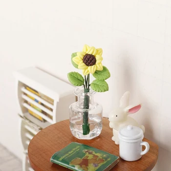 1:12 Кукольный домик Миниатюрная ваза для подсолнуха Зеленое растение Горшок Растение Цветочный горшок Модель для кукольного дома Декор Притворяться Игрушки