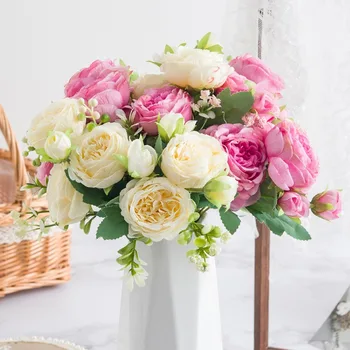 1 букет 30 см роза розовый пион искусственные цветы 5 больших головок и 4 бутона искусственные цветы для DIY Гостиная Домашнее свадебное украшение