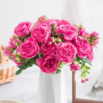 1 букет 30 см роза розовый пион искусственные цветы 5 больших головок и 4 бутона искусственные цветы для DIY Гостиная Домашнее свадебное украшение 4