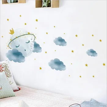  1 шт. Нарисованные мультяшные лунные звезды облака Наклейки на стену для детской спальни Украшение дома Настенные наклейки Интерьер комнаты 30 * 90 см 0