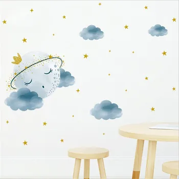  1 шт. Нарисованные мультяшные лунные звезды облака Наклейки на стену для детской спальни Украшение дома Настенные наклейки Интерьер комнаты 30 * 90 см 3