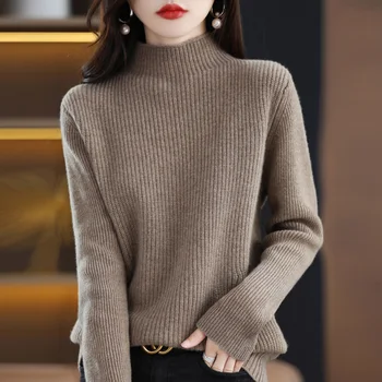 100% свитер из мериноса, осенний и зимний новый женский пуловер с высоким вырезом, пуловер толстого трикотажа, однотонный повседневный с длинным рукавом.