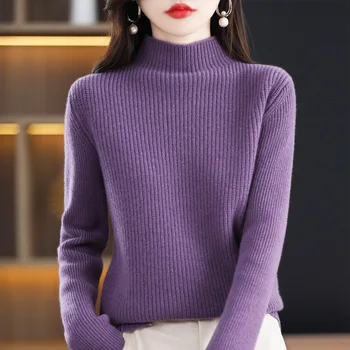 100% свитер из мериноса, осенний и зимний новый женский пуловер с высоким вырезом, пуловер толстого трикотажа, однотонный повседневный с длинным рукавом. 2