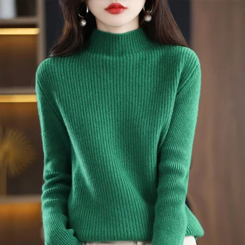 100% свитер из мериноса, осенний и зимний новый женский пуловер с высоким вырезом, пуловер толстого трикотажа, однотонный повседневный с длинным рукавом. 4