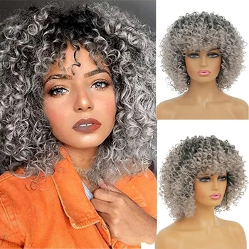 16-дюймовые африканские кудрявые парики для белых женщин - Кудрявый кудрявый афропарик с челкой омбре серого цвета синтетические смешанные парики