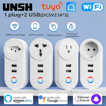 16A Tuya Wi-Fi Smart Socket с 2 USB-адаптерами для зарядки ЕС, США, ВЕЛИКОБРИТАНИЯ, Бразилия, вилка, умное управление жизнью через Alexa, Google Home
